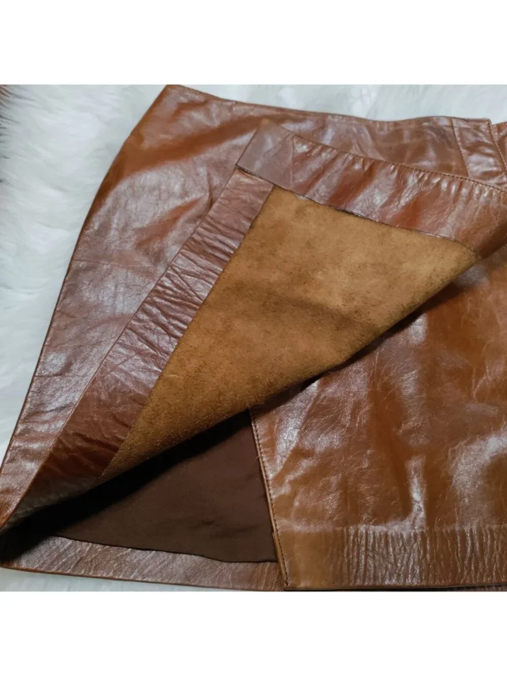 Hugo Buscati 100% Leather Antique 70s Style Brown A-Line Wrap Mini Skirt Size 6 - Picture 15 of 16